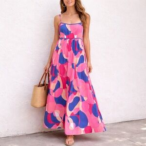 Pants Store Abstract Print Maxi Dress Pink Blue Resort Adjustable Strap L